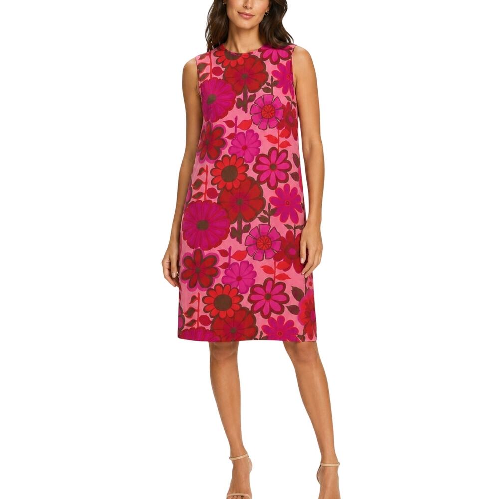 Musette 1960s Vintage Pink Floral High Neck Sleeveless Mini Dress XS Retro Mod